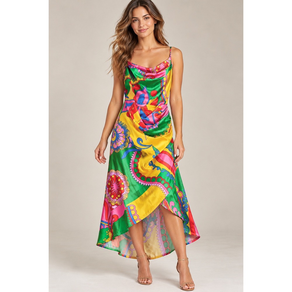 Multicolor Psychedelic Scarf Print Cowl Neck Satin High Low Midi Dress Medium